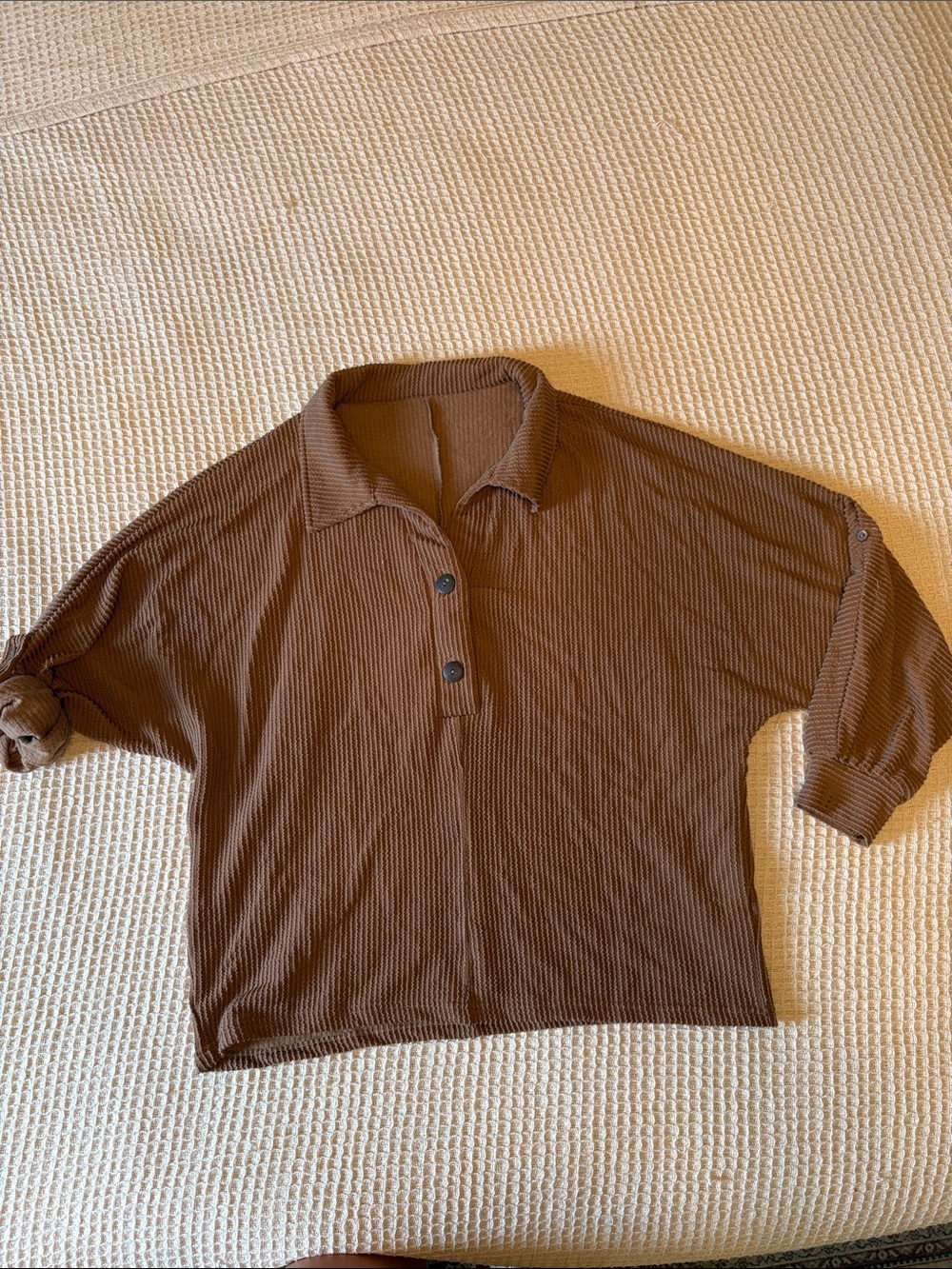 Relaxed Oversized Brown Button-Down Ribbed Polo Top